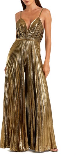 Metallic Pleated V-Neck Jumpsuit