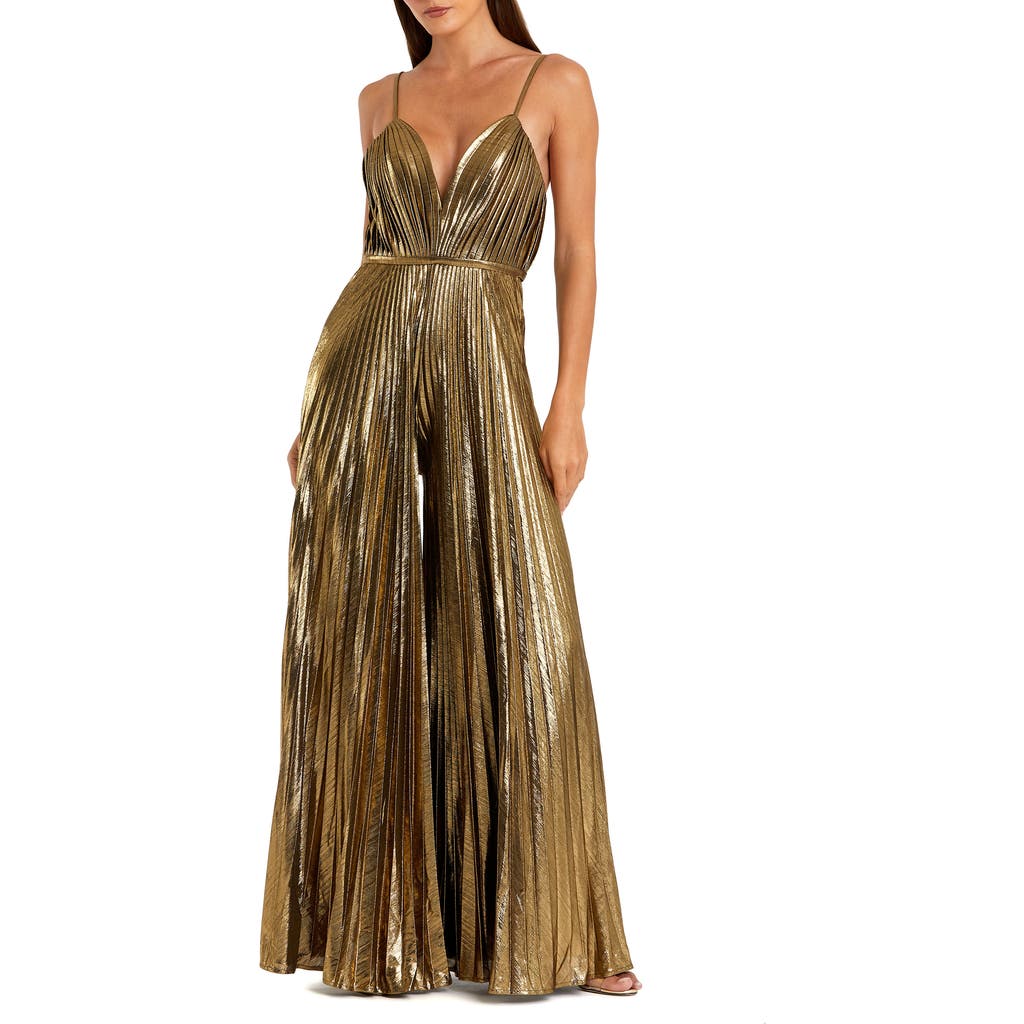 Mac Duggal Metallic Pleated V-neck Jumpsuit In Antique Gold