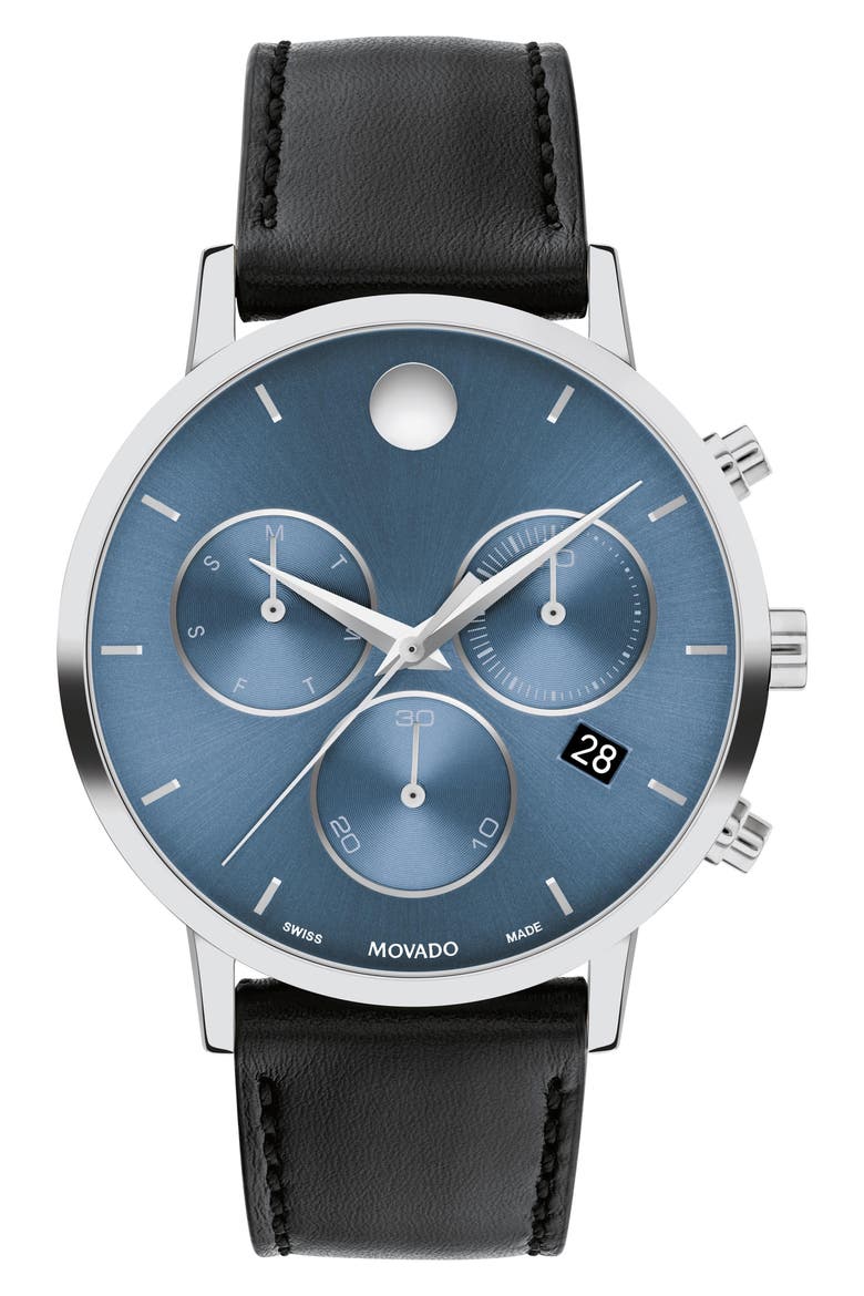 Museum Classic Chronograph Leather Strap Watch, 42mm, Main, color, BLUE DIAL