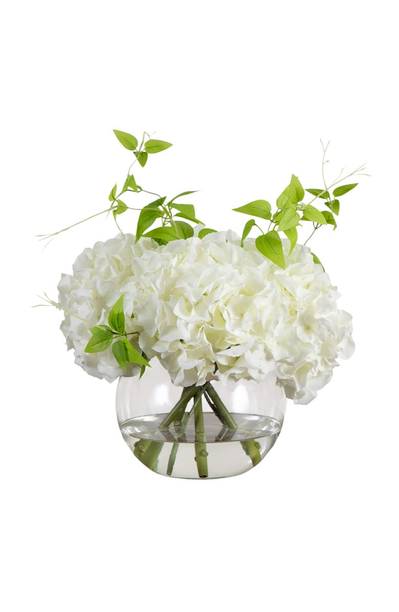 NEARLY NATURAL Wedding Collection 18-in Artificial Hydrangea Arrangement in Glass Vase, Main, color, Green/White