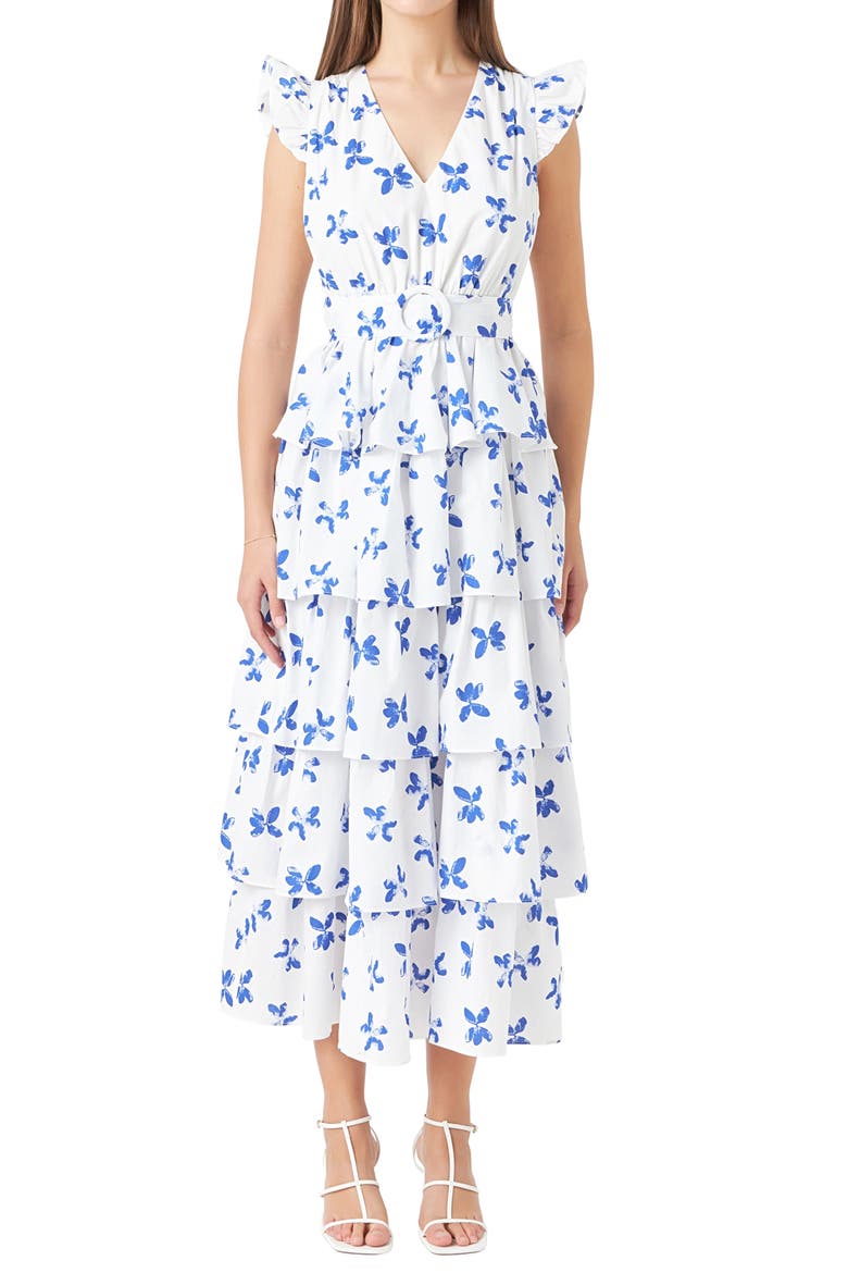 Floral Tiered Belted Maxi Dress, Alternate, color, WHITE/ BLUE