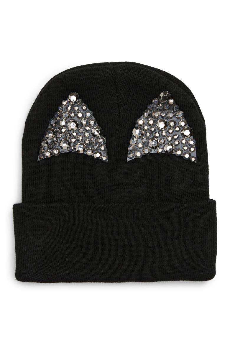Sparkle Cat Ear Beanie, Main, color, BLACK