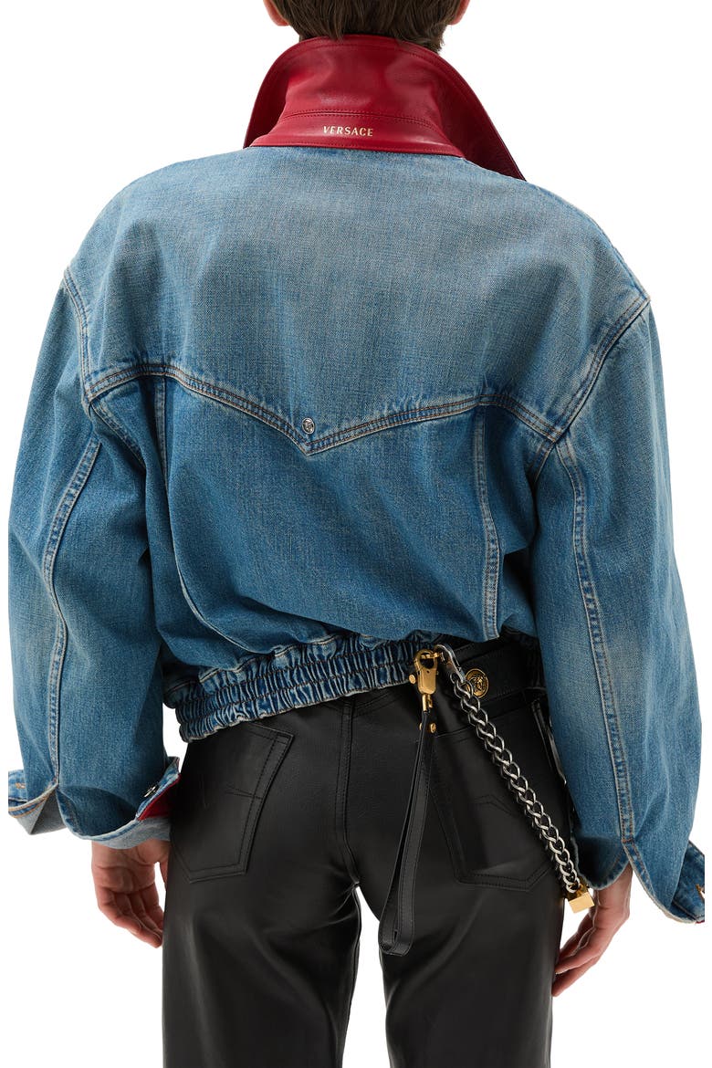 Gender Inclusive Oversize Colorblock Denim & Leather Trucker Jacket, Alternate, color, MEDIUM BLUE RED