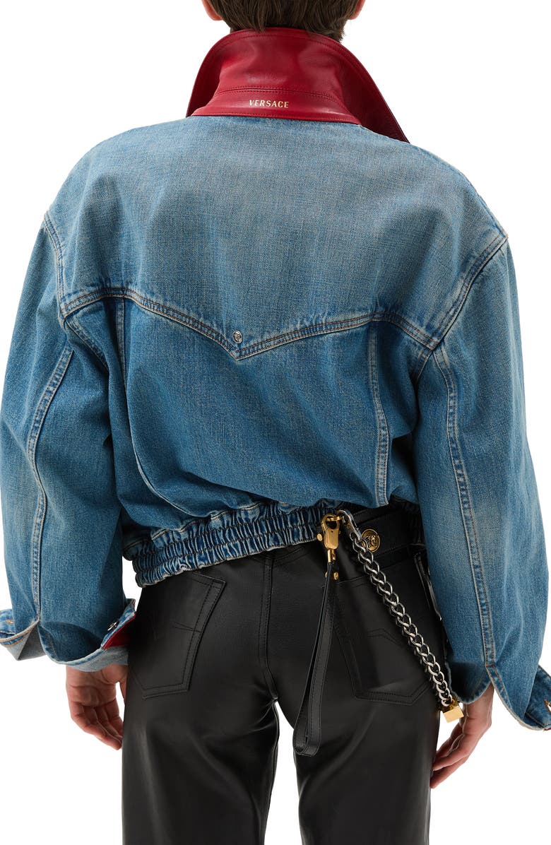 Versace Gender Inclusive Oversize Colorblock Denim & Leather Trucker Jacket, Alternate, color, Medium Blue Red