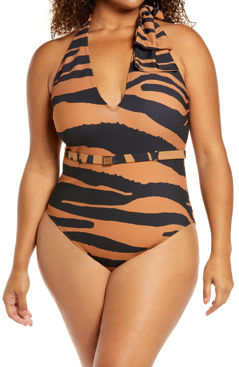 River Island Bow Halter Animal Print One-Piece Swimsuit, Main, color, 