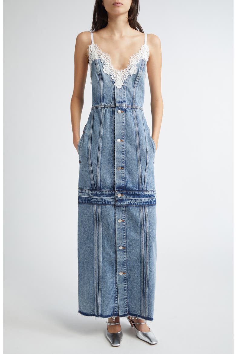 Lace Trim Denim Maxi Dress, Main, color, VINTAGE BLUE DENIM