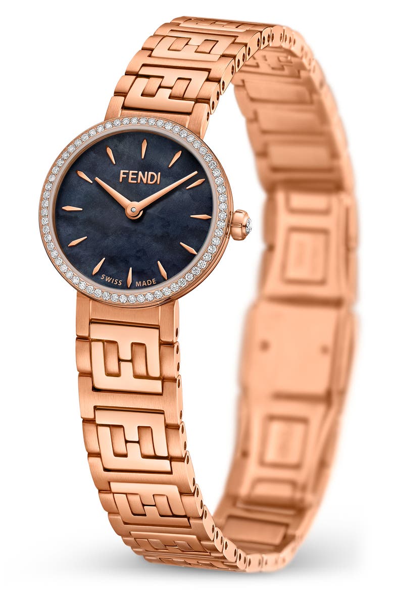 Forever Fendi Diamond Bracelet Watch, 19mm, Alternate, color, ROSE GOLD/ BLACK MOP