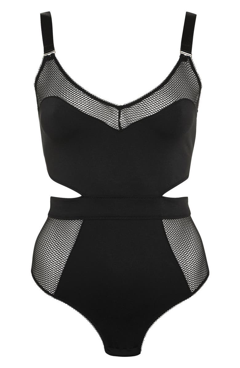 Topshop Dita Mesh Panel Thong Bodysuit, Main, color, Black