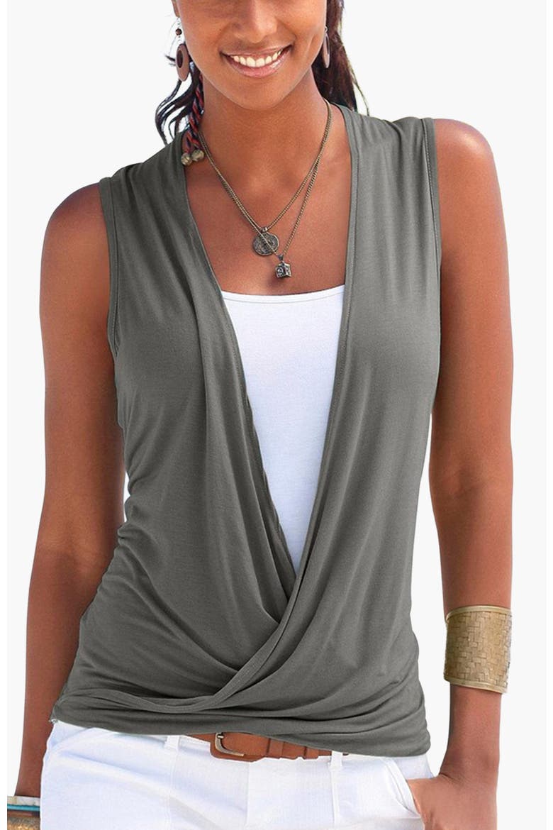 Women's Sleeveless Wrap Look Top, Main, color, Olive