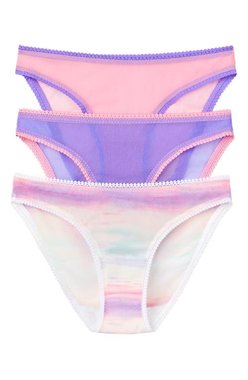 On Gossamer 3-Pack Mesh Hip Bikinis in Iris/Sunset Stripe/Sea Pink 