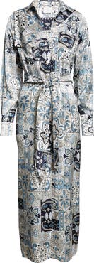 Eleventy Paisley Patchwork Print Long Sleeve Silk Shirtdress
