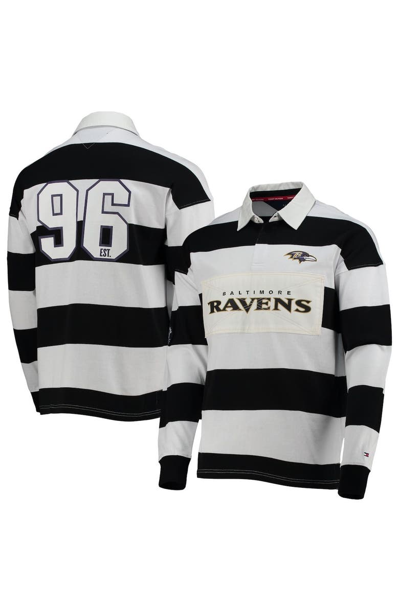 Tommy Hilfiger Men's Tommy Hilfiger Black/White Baltimore Ravens Varsity Stripe Rugby Long Sleeve Polo, Alternate, color, 