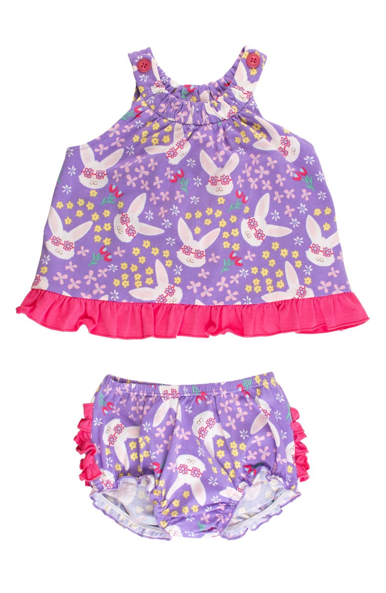 RuffleButts Knit Swing Top and Bloomer Set, Main, color, Purple Sunny Bunnies