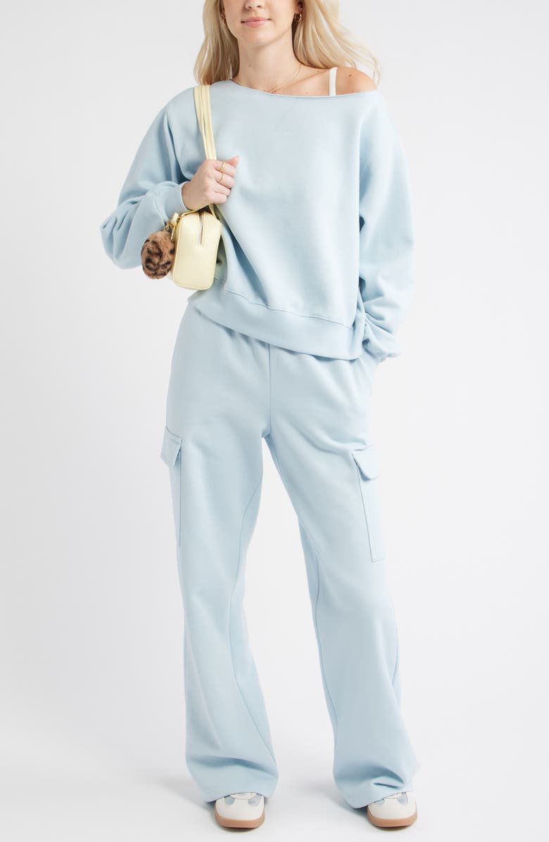 BP. Fleece Detail Off the Shoulder Sweatshirt, Alternate, color, Blue Skyride