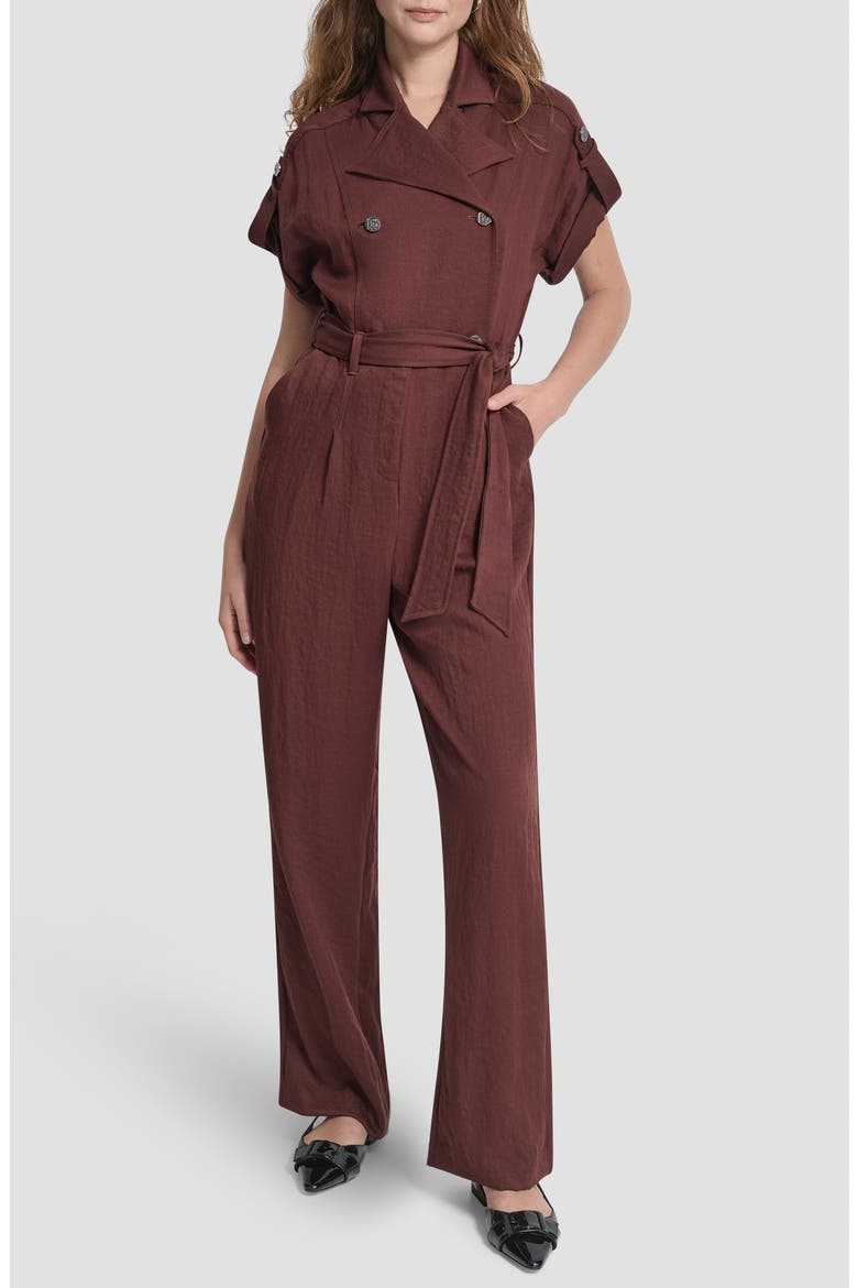 Twill Tie Waist Jumpsuit, Main, color, BITTER CHOCOLATE