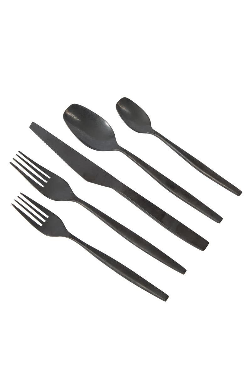 20 Piece Stone Washed Flatware 18/10 Stainless Steel Silverware Cutlery Utensil Set with Acacia Wood Caddy, Alternate, color, Black