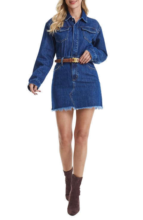 Resa Long Sleeve Fray Hem Denim Mini Shirtdress