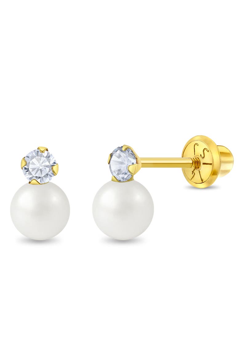14k Pearl With CZ Drop Earrings, Main, color, Gold