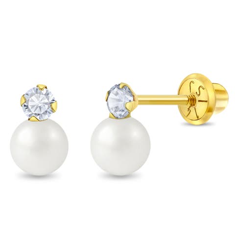 14k Pearl With CZ Drop Earrings