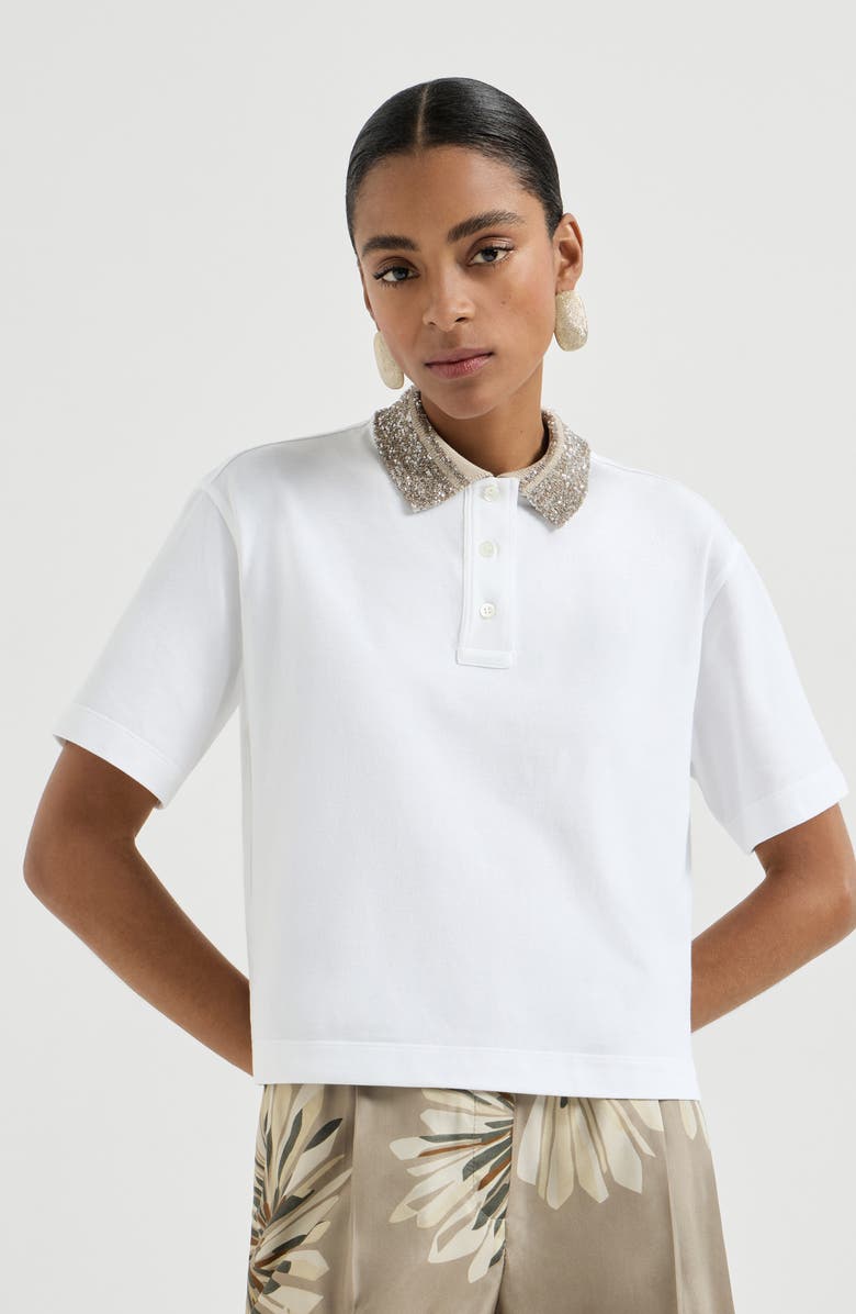 Brunello Cucinelli Polo with dazzling knit collar, Alternate, color, White