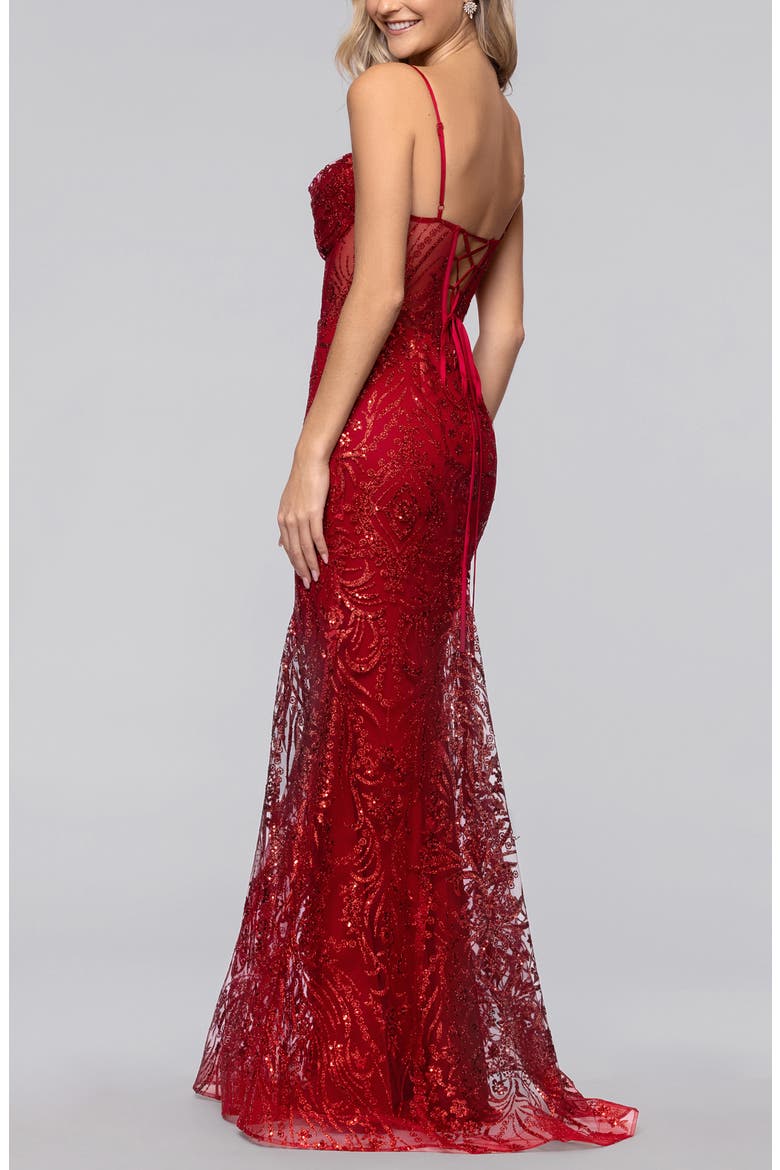 Glitter Corset Sleeveless Gown, Alternate, color, RED