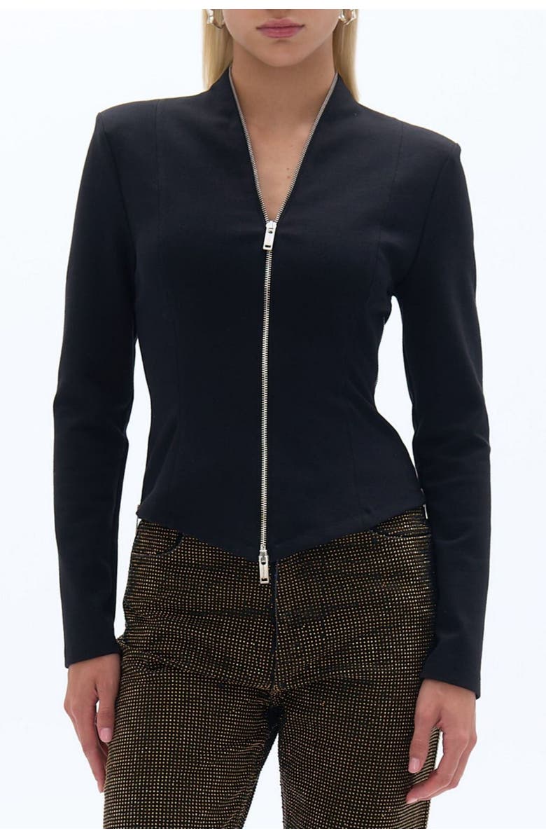 Nocturne Black Structured Zip-Front Blouse with Long Sleeves, Main, color, 