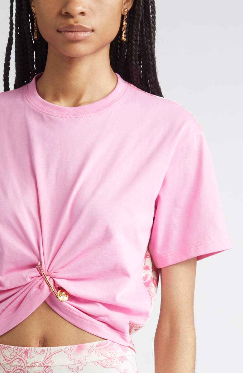 Versace Barocco Safety Pin Crop T-Shirt, Alternate, color, Guava Multi Color