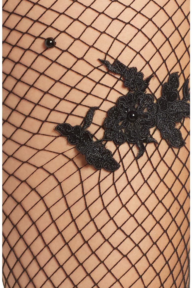 Fishnet Floral Tights, Alternate, color, BLACK