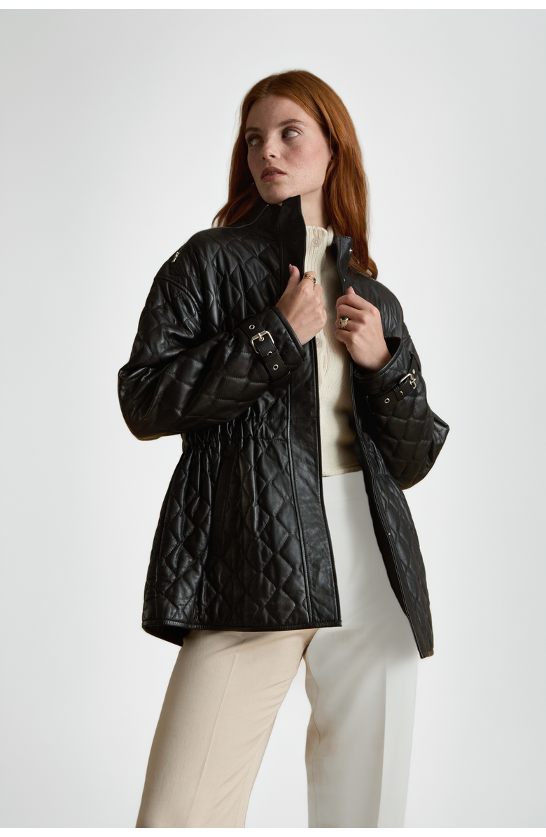 Furniq UK Nora Leather Coat, Alternate, color, Black