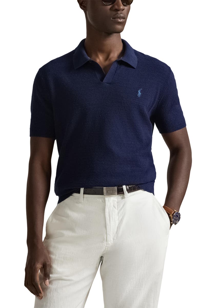 Polo Ralph Lauren Textured Seed Stitch Cotton & Linen Polo, Main, color, Bright Navy/ Deckwash White