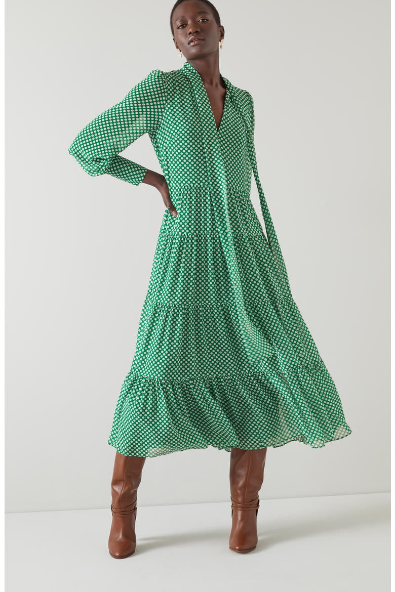 Polly Polka Dot Tie Neck Long Sleeve Midi Dress, Alternate, color, MALACHITE/ BIRCH