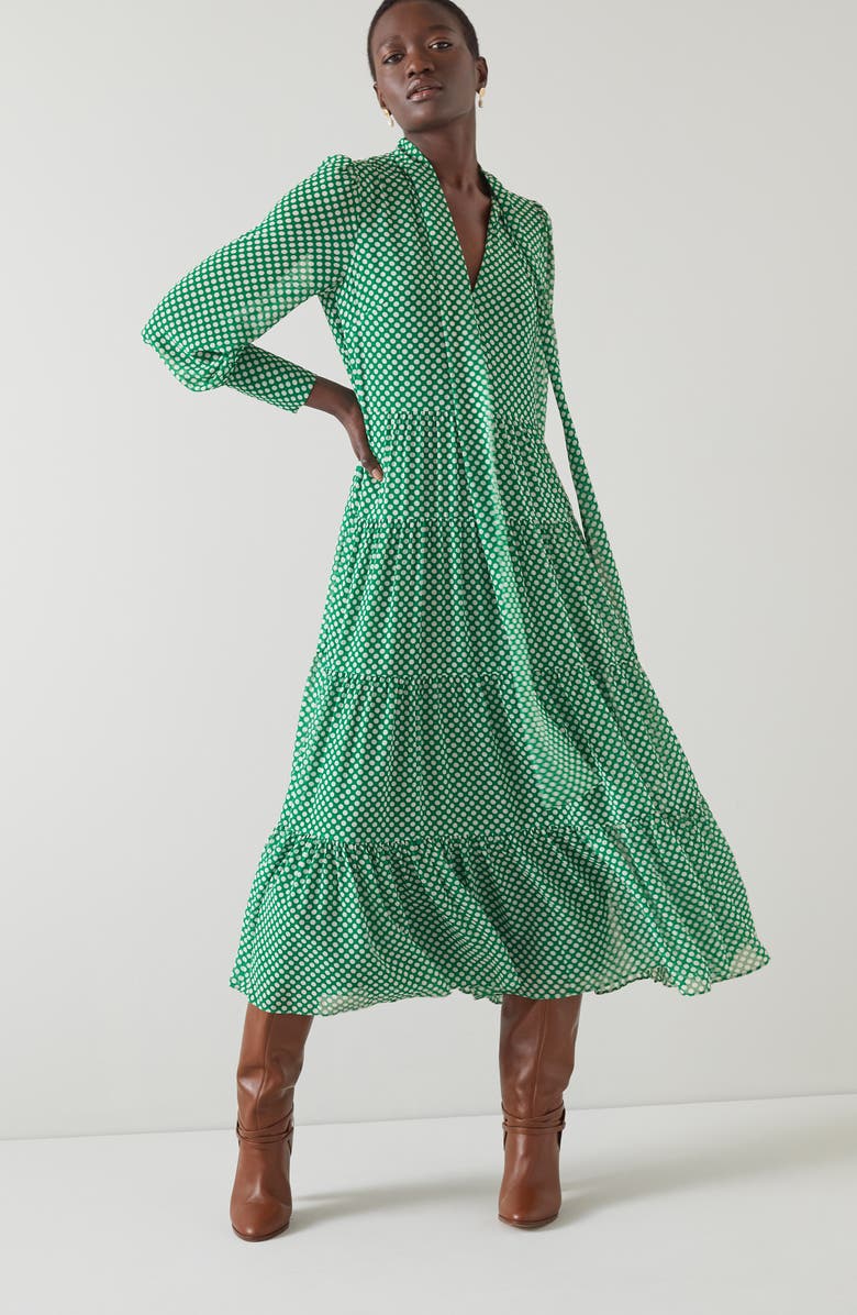 LK Bennett Polly Polka Dot Tie Neck Long Sleeve Midi Dress, Alternate, color,