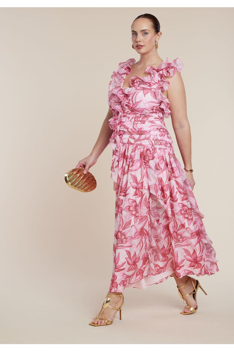 Patbo X Eloquii Ruffle Detail Maxi Dress, Alternate, color, SAFFRON BLOOMS
