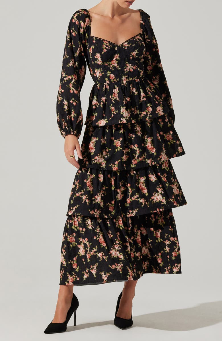 ASTR the Label Alumie Long Sleeve Tiered Maxi Dress, Main, color, Black Rose Floral