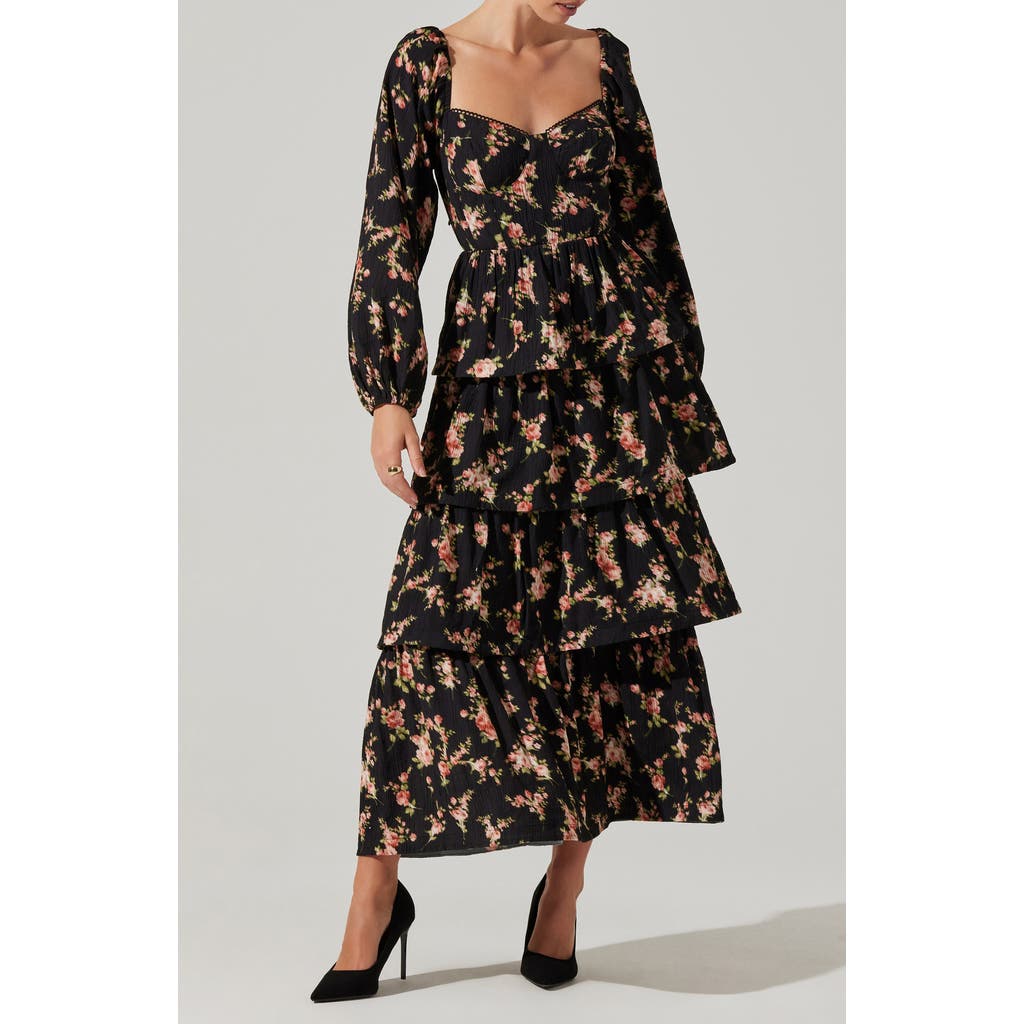 Astr The Label Alumie Long Sleeve Tiered Maxi Dress In Black
