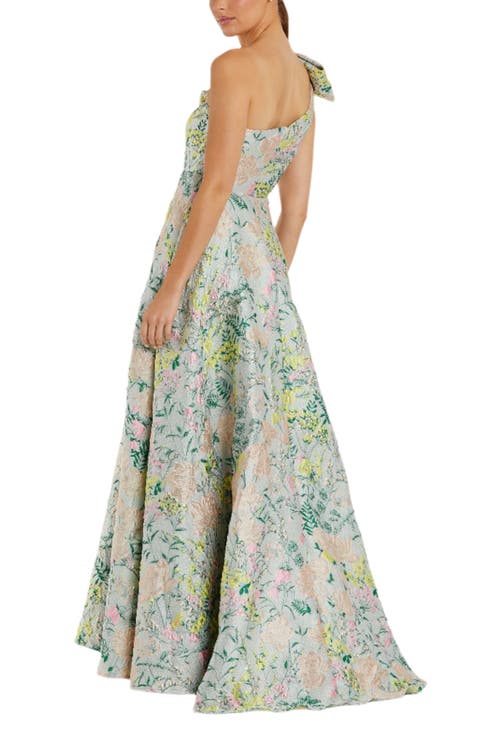 Shop Mac Duggal One Shoulder Brocade Gown With Bow Detail In Pastel Multi
