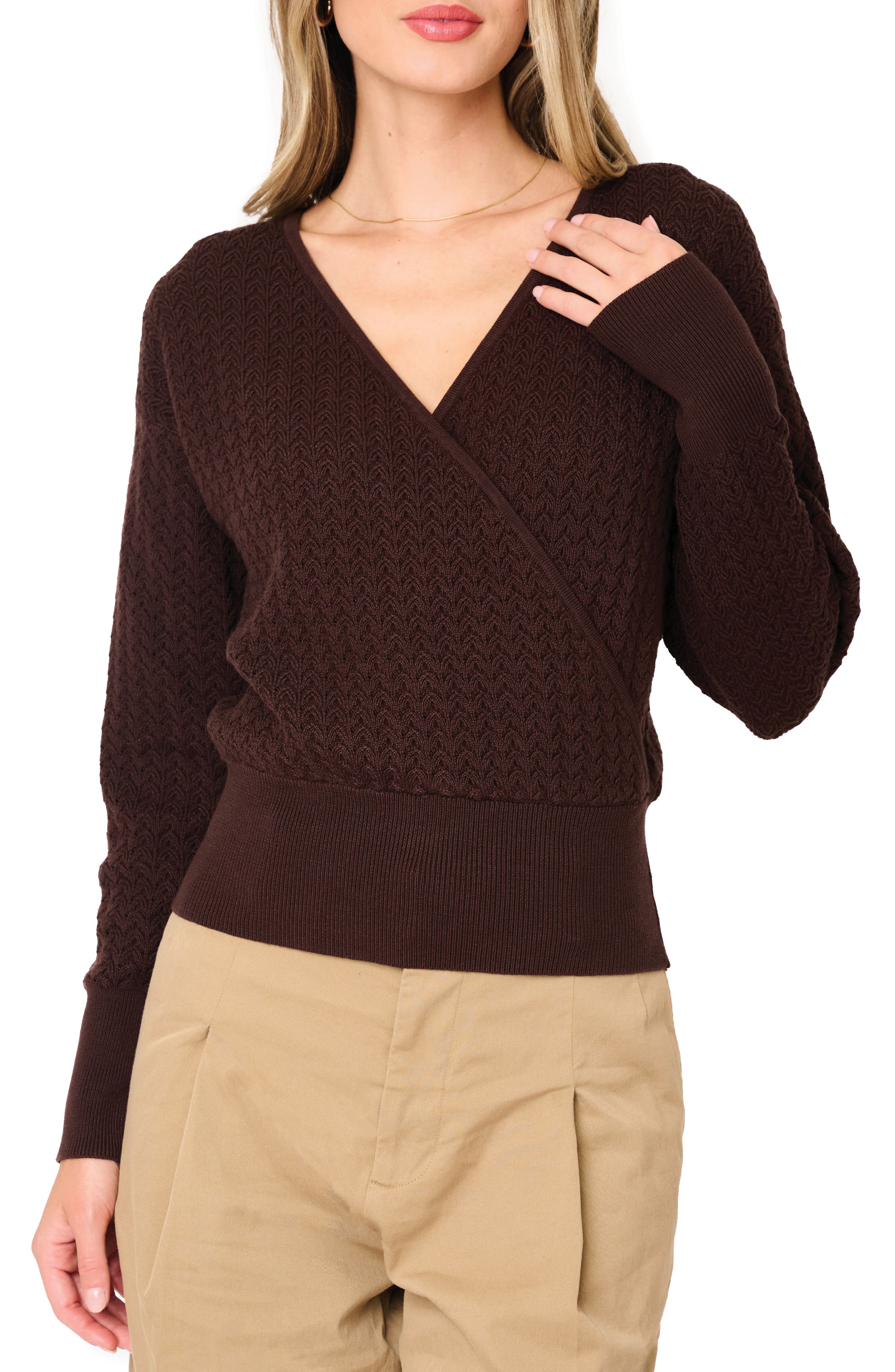 GIBSONLOOK Surplice V-Neck Cotton Blend Pointelle Sweater
