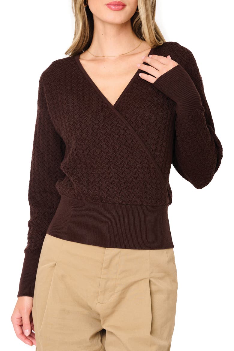 Surplice V-Neck Cotton Blend Pointelle Sweater, Main, color, ESPRESSO