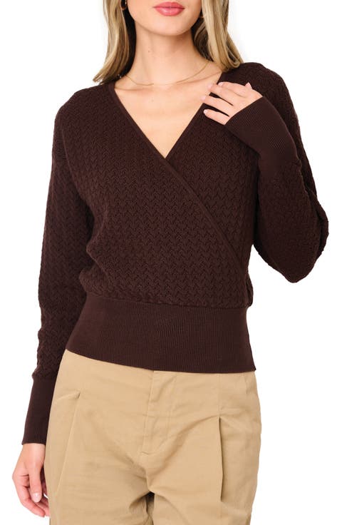 Surplice V-Neck Cotton Blend Pointelle Sweater