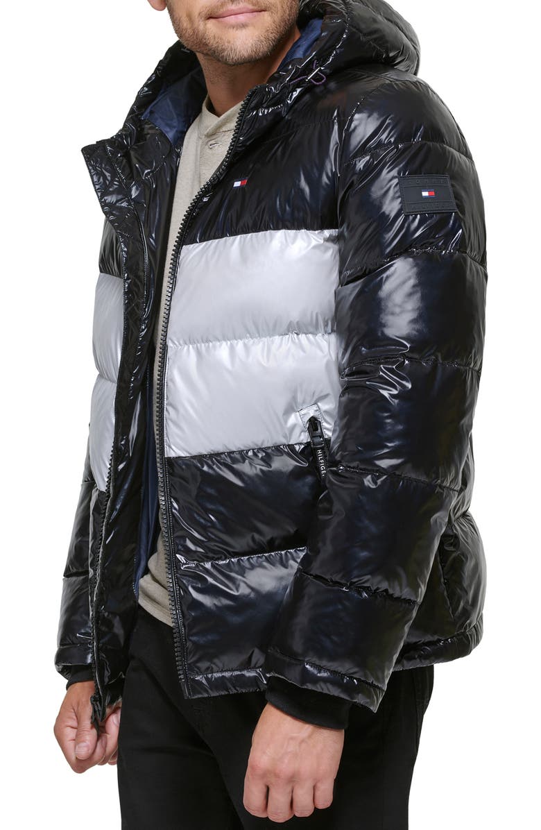 Tommy Hilfiger Quilted Puffer Hooded Mid Length Jacket, Alternate, color, Black/Silver