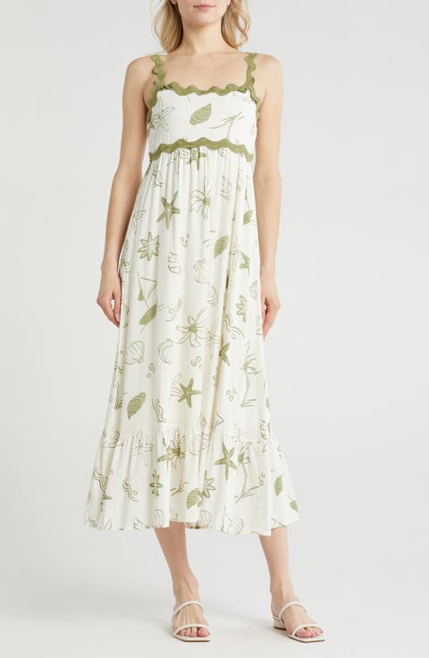 Ocean Print Empire Waist Midi Dress
