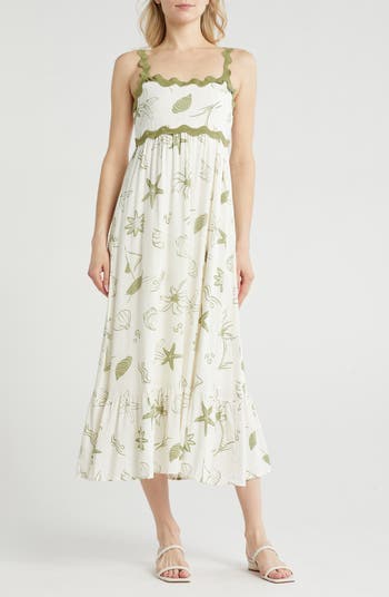 Ocean Print Empire Waist Midi Dress