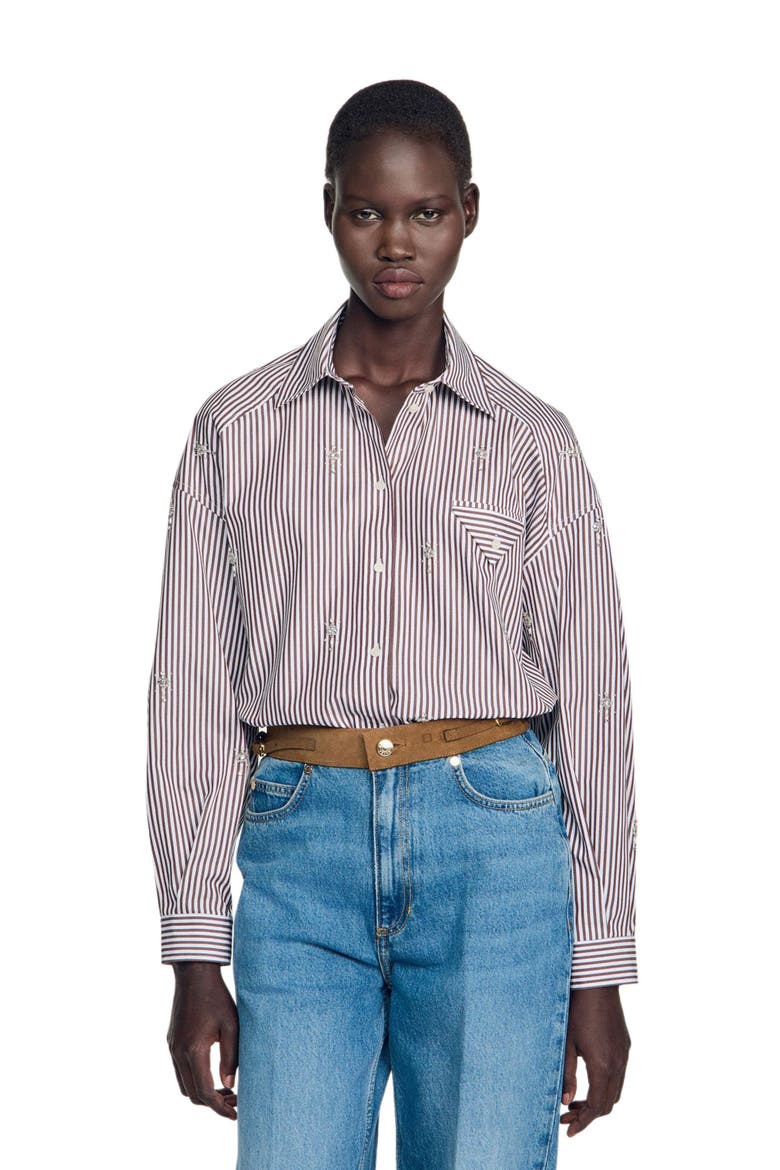 Oversized striped rhinestone shirt, Alternate, color, Brown