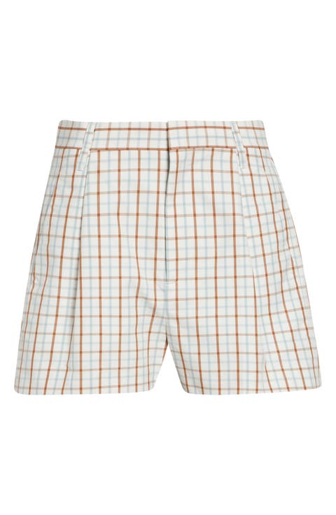 Check Pleated Cotton Wide Leg Shorts