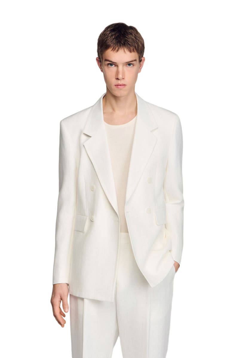 SANDRO Double-breasted linen suit jacket, Main, color, White