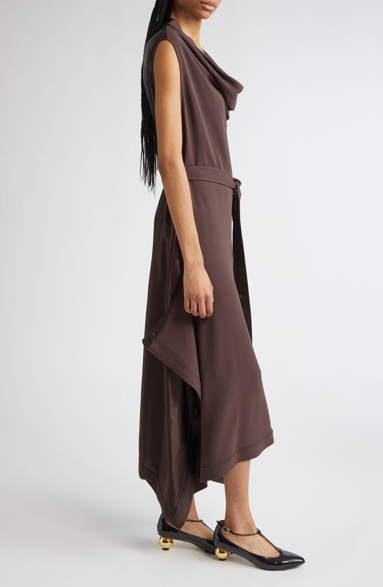 FERRAGAMO Belted Asymmetric Satin & Cady Dress, Alternate, color, Expresso
