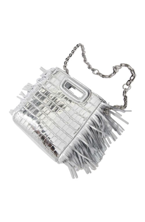 Maje Croc Metallic Leather Mini Shoulder Bag In Silver