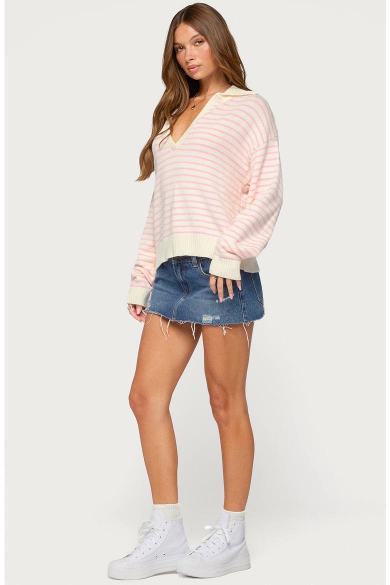 Copenhagen Oversized Striped V-Neck Sweater, Alternate, color, CREAM-AND-PINK