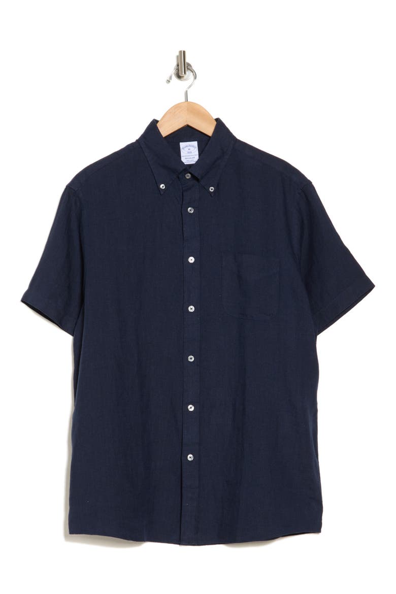 Regular Fit Short Sleeve Linen Button-Down Shirt, Alternate, color, NAVY