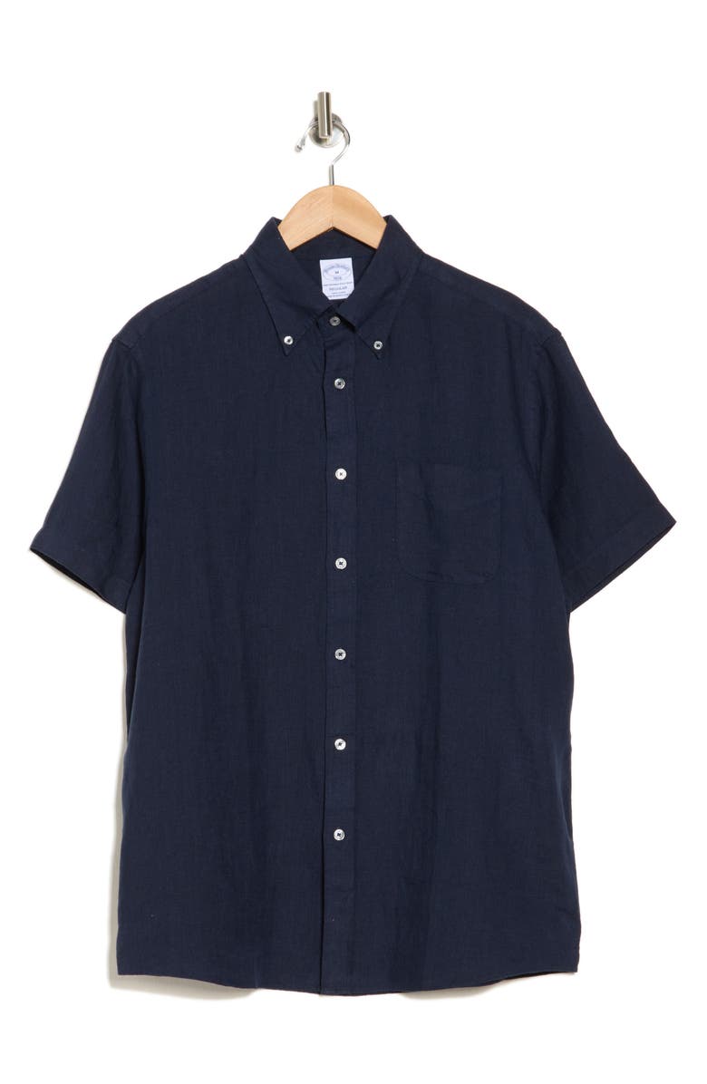Brooks Brothers Regular Fit Short Sleeve Linen Button-Down Shirt, Alternate, color, Navy